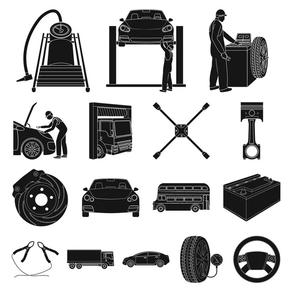 Bil, Hiss, pump och annan utrustning svart ikoner i set samling för design. Bil underhåll station vektor symbol stock illustration web. — Stock vektor