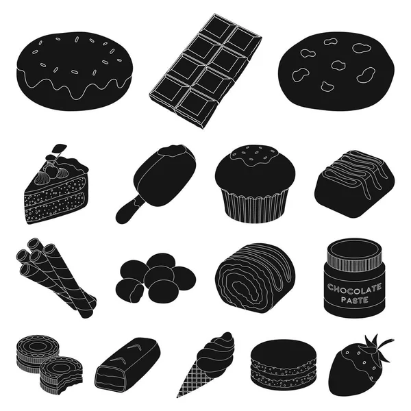 Chocolate Posert iconos negros en la colección de conjuntos para el diseño. Chocolate y dulces vector símbolo stock web ilustración . — Vector de stock