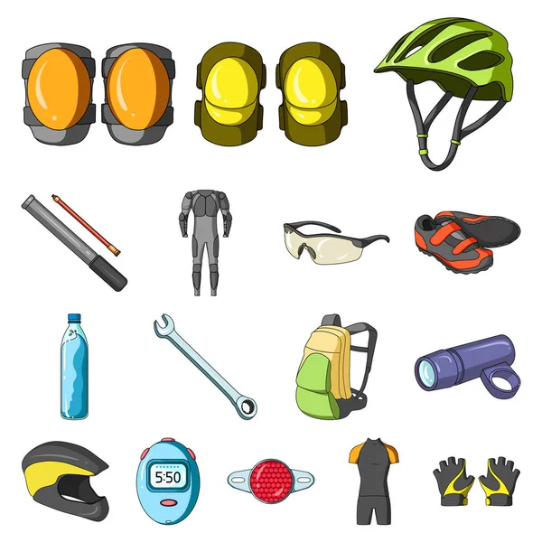 Fiets outfit cartoon pictogrammen in set collectie voor design. Fiets- en gereedschap symbool voorraad web vectorillustratie. — Stockvector