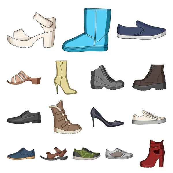 Различные иконки обуви мультфильмов в коллекции наборов для дизайна. Мужская и женская обувь векторные символы веб-иллюстрации . — стоковый вектор