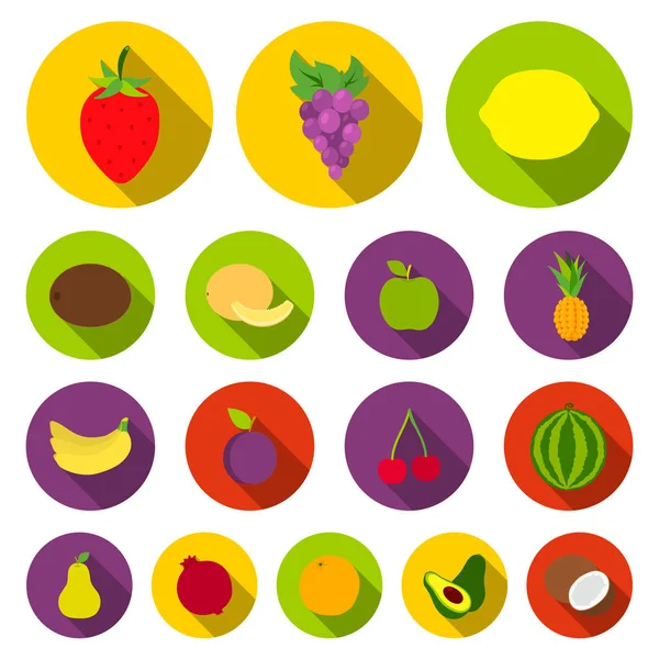 Ícones planos de frutas diferentes na coleção de conjuntos para design. Frutas e vitaminas símbolo vetorial ilustração web . — Vetor de Stock