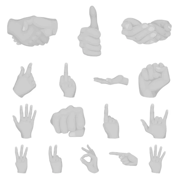 Ícones monocromáticos de gesto de mão na coleção de conjuntos para design. Palma e dedo símbolo vetor web ilustração . —  Vetores de Stock