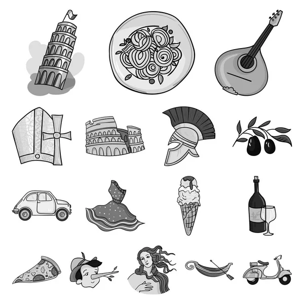 País Italia iconos monocromáticos en colección de conjuntos para el diseño. Italia e hito vector símbolo stock web ilustración . — Vector de stock