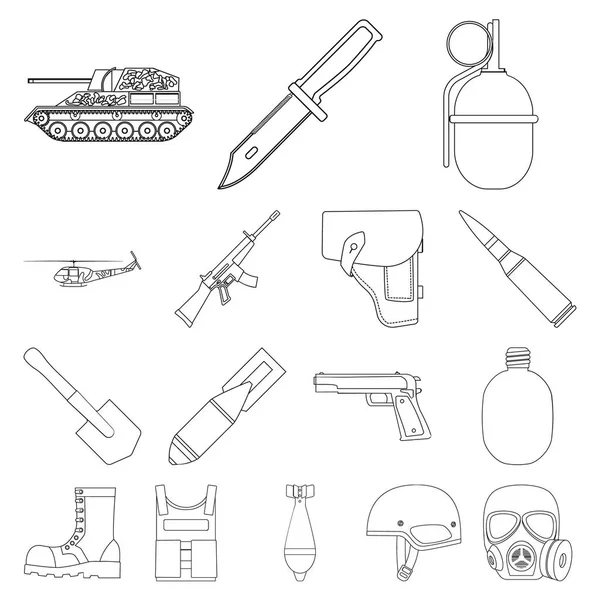 Armén och rustningen disposition ikoner i set insamling för design. Vapen och utrustning vektor symbol lager web illustration. — Stock vektor