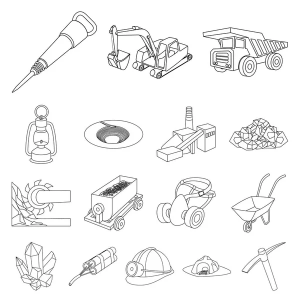 Mining industry outline icons in set collection for design. Equipment and tools vector symbol stock web illustration. — Stock Vector