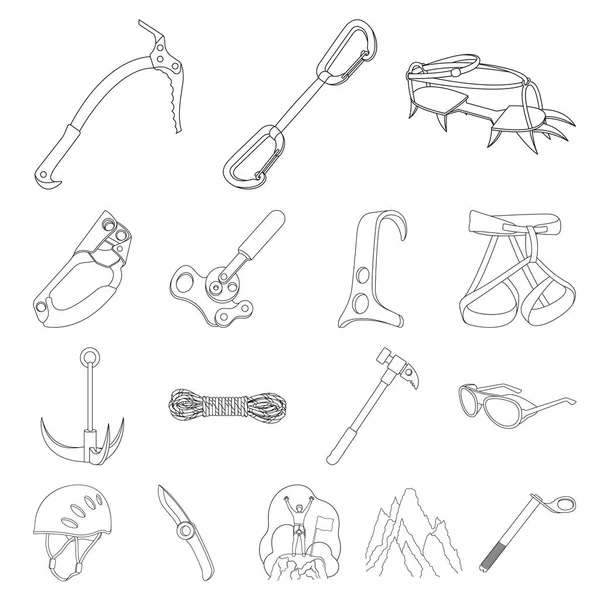 Montañismo y escalada esbozan iconos en la colección de conjuntos para el diseño. Equipo y accesorios vector símbolo stock web ilustración . — Vector de stock