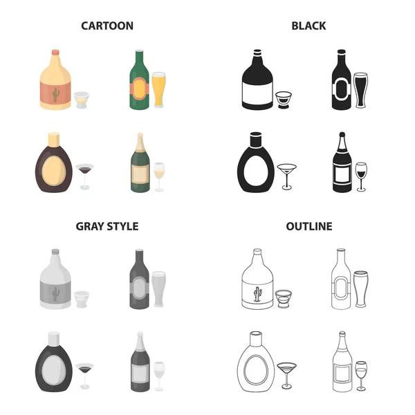 Erős tequila, sör, italok, pezsgő, alacsony alkohol. Alkohol településen rajzfilm fekete fekete-fehér vázlat stílusú vektor szimbólum stock illusztráció web ikonok gyűjtemény. — Stock Vector
