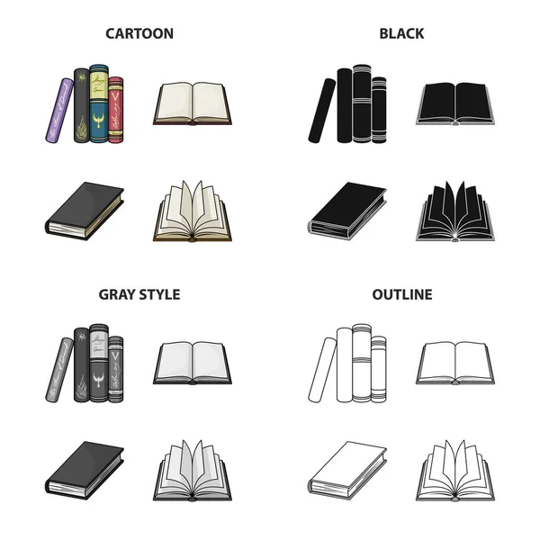 Různé typy knih, literatura, učebnice, slovník. Kniha sada kolekce ikon v kreslené černé jednobarevné osnovy styl vektor symbol skladem ilustrace web. — Stockový vektor
