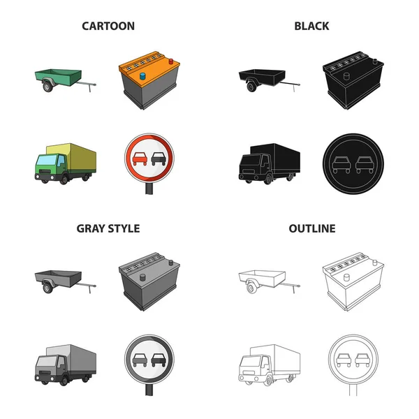 Автомобильный прицеп, аккумулятор, большой грузовик, дорожный знак. Иконки коллекции автомобилей и аксессуаров в черно-монохромном очертании стиля векторных символов запаса Изометрическая иллюстрация паутины . — стоковый вектор