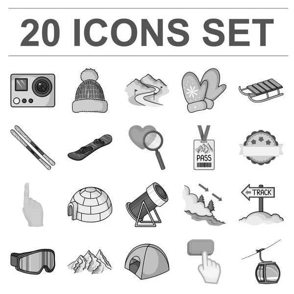 Ski resort and equipment monochrome icons in set collection for design. Entertainment and recreation vector symbol stock web illustration. — Stock Vector