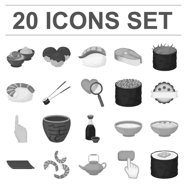 Sushi y condimentos iconos monocromáticos en la colección de conjuntos para el diseño. Alimentos de mariscos, accesorio vector símbolo stock web ilustración . — Vector de stock