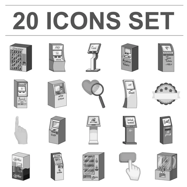 Variedad de terminales de iconos monocromáticos en la colección de conjuntos para el diseño. ATM y dispositivo de comercio vector símbolo stock web ilustración . — Vector de stock