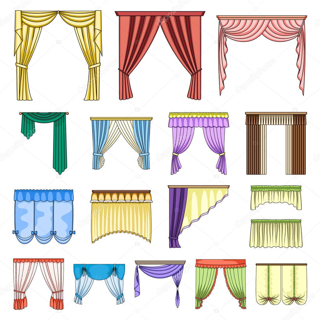 Different kinds of curtains cartoon icons in set collection for design. Curtains and lambrequins vector symbol stock  illustration.