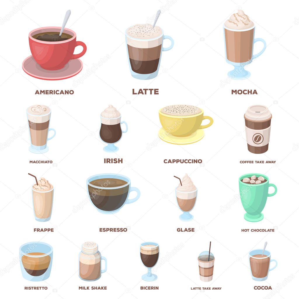 Different kinds of coffee cartoon icons in set collection for design. Coffee drink vector symbol stock  illustration.