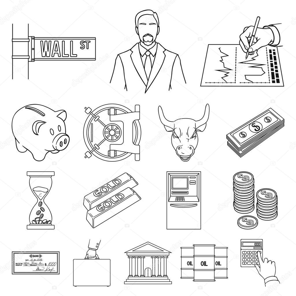 Money and Finance outline icons in set collection for design. Business and Success vector symbol stock web illustration.