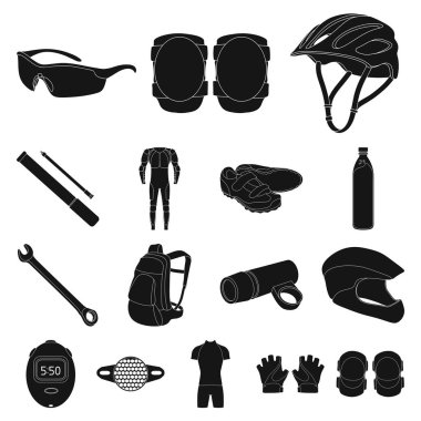 Set koleksiyonu tasarım için bisiklet kıyafeti siyah simgeler. Bisiklet ve araç vektör simge stok web çizim.