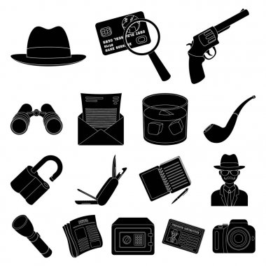 Set koleksiyonu tasarım için simgeler siyah dedektif ve öznitelikleri. Dedektif ajansı vektör simge stok web çizim.