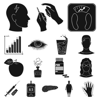 Set koleksiyonu tasarım için diyabet siyah simgeler. Diyabet vektör simge stok web illüstrasyon tedavisinde.