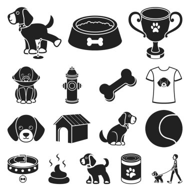 Set koleksiyonu tasarım için evde beslenen hayvan köpek siyah simgeler. Köpek yavrusu vektör simge stok web çizim için bakım.