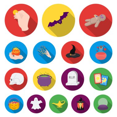 düz ve white magic düz simgeler set koleksiyonu tasarım için. Sembol stok web illüstrasyon vektör öznitelikleri ve büyücü aksesuarları.