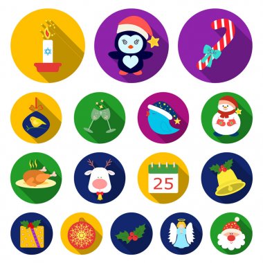 Noel öznitelikleri ve aksesuarları düz simgeler set koleksiyonu tasarım için. Neşeli Noel vektör simge stok web çizim.