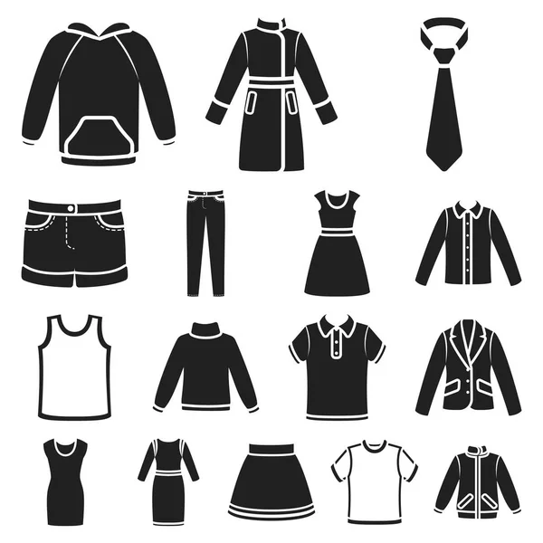 Giysileri farklı türde set koleksiyonu tasarım için simgeler siyah. Giyim ve stil sembol stok web illüstrasyon vektör. — Stok Vektör