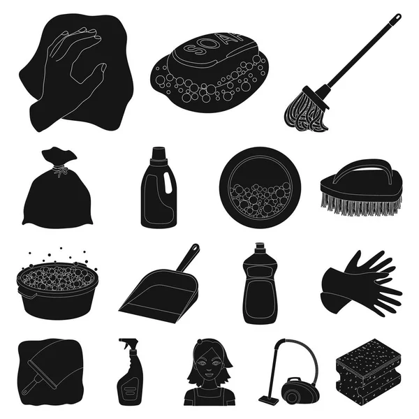 Rengöring och städning svart ikoner i set samling för design. Utrustning för rengöring vektor symbol lager web illustration. — Stock vektor