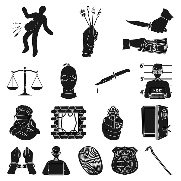 Έγκλημα και τιμωρία μαύρο εικονίδια στη συλλογή σετ για σχεδιασμό. Εικονογράφηση απόθεμα web σύμβολο ποινικές φορέα. — Διανυσματικό Αρχείο