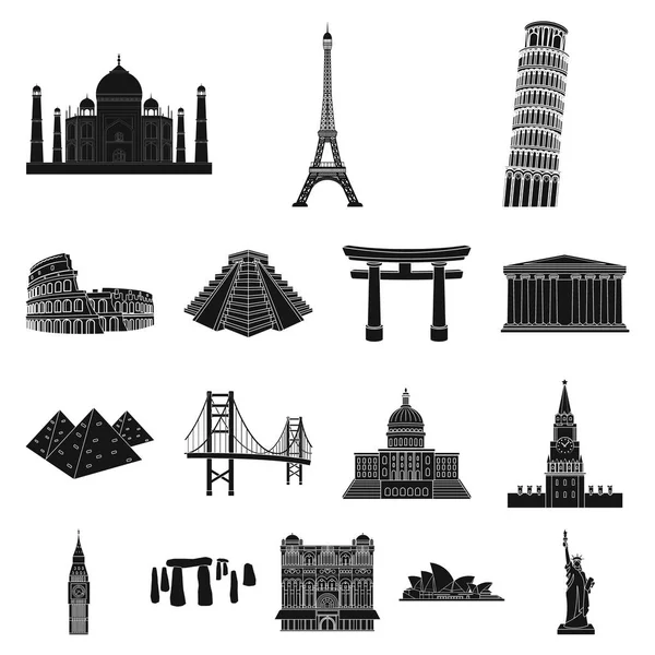 Visites de différents pays icônes noires dans la collection de set pour le design. Célèbre bâtiment vectoriel symbole stock web illustration . — Image vectorielle