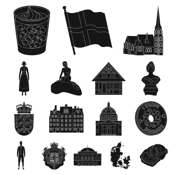 País Dinamarca iconos negros en la colección de conjuntos para el diseño. Viajes y atracciones Dinamarca vector símbolo stock web ilustración . — Vector de stock