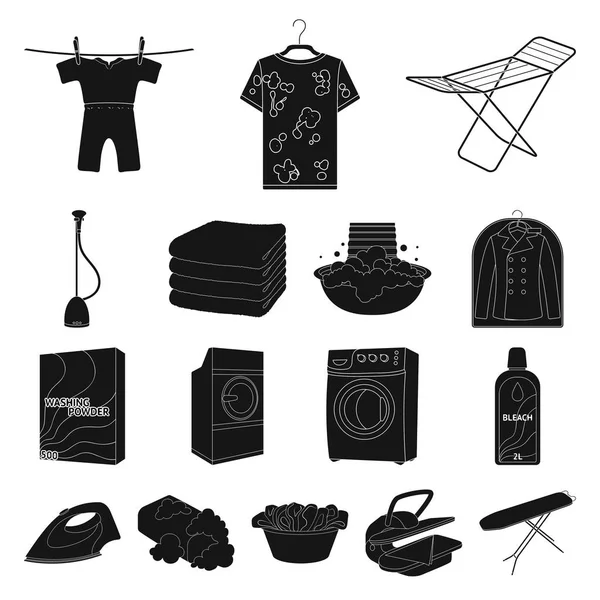 Stomerij apparatuur zwarte pictogrammen in set collectie voor design. Wassen en strijken van kleding vector symbool voorraad web illustratie. — Stockvector
