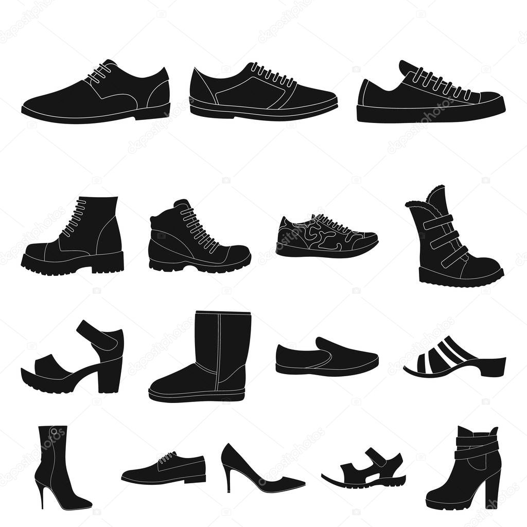 Different shoes black icons in set collection for design. Mens and womens shoes vector symbol stock web illustration.