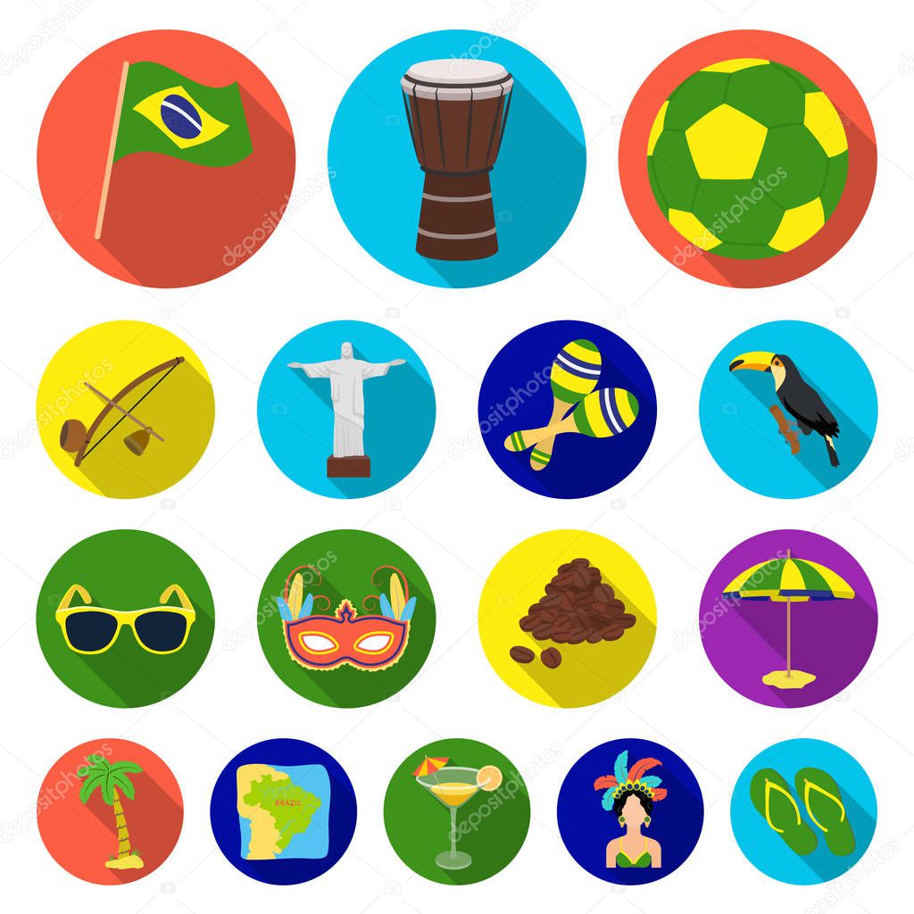 Country Brazil flat icons in set collection for design. Travel and attractions Brazil vector symbol stock web illustration.
