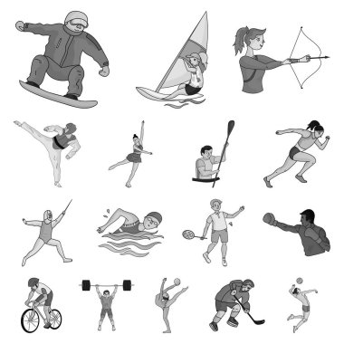 Set koleksiyonu tasarım için spor tek renkli simgeler farklı türde. Atlet, yarışmalar sembol stok web illüstrasyon vektör.