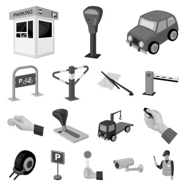 Set koleksiyonu tasarım için arabalar tek renkli simgeler için otopark. Ekipman ve hizmet vektör simgesi web illüstrasyon stok.