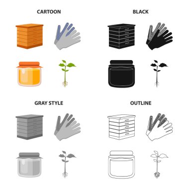 Arılar, çiftlik, pota tatlım, bitki dikimi için üzerinde çalışmak için eldiven için kovan. Çiftlik toplama simgeler çizgi film siyah tek renkli anahat stili vektör simge stok çizim web içinde ayarla..