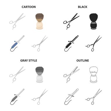 Makas Kuaför, tıraş fırçası, saç maşası, makas iyi saç kesimi için. Kuaför toplama simgeler çizgi film siyah tek renkli anahat stili vektör simge stok çizim web içinde ayarla..