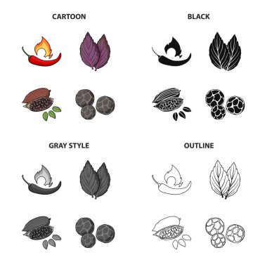 Biber biber, baharat fesleğen, kahve çekirdekleri, kara biber. Baharat toplama simgeler çizgi film siyah tek renkli anahat stili vektör simge stok çizim web içinde ayarla..