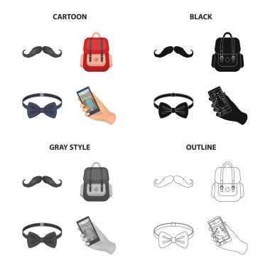 Hipster bıyık, şık sırt çantası, papyon, cep telefonu elinde. Hippi tarzı toplama simgeler çizgi film siyah tek renkli anahat stili vektör simge stok çizim web içinde ayarla..