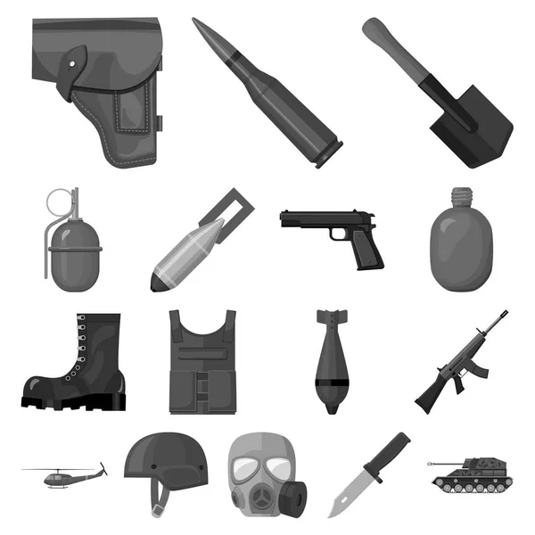 Ejército y armamento iconos monocromáticos en colección de conjuntos para el diseño. Armas y equipo vector símbolo stock web ilustración . — Vector de stock