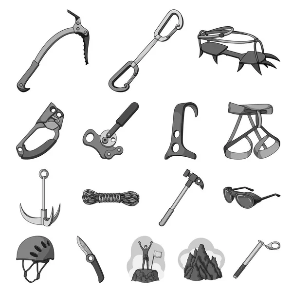 Mountaineering and climbing monochrome icons in set collection for design. Equipment and accessories vector symbol stock web illustration. — Stock Vector