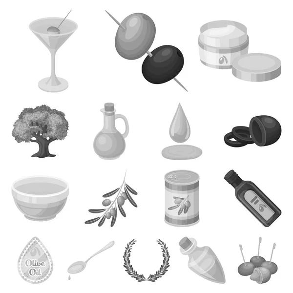 Oliv, mat svartvita ikoner i set insamling för design. Olivolja, krydda vektor symbol lager web illustration. — Stock vektor