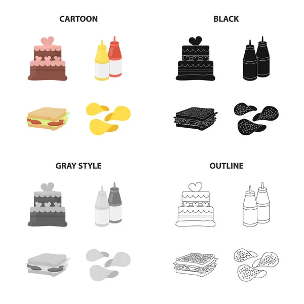 Tårta, ketchup och senap, snabb mat sandwich, potatischips. Snabbmat som samling ikoner i tecknad svart monokrom kontur stil vektor symbol stock illustration web. — Stock vektor