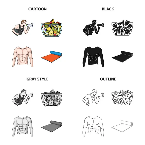 Fitnesstrainer, Obstsalat, männlicher Oberkörper, Gymnastikmatte. Fitness-Set Sammlung Symbole in Cartoon schwarz monochrom Umriss Stil Vektor Symbol Stock Illustration Web. — Stockvektor