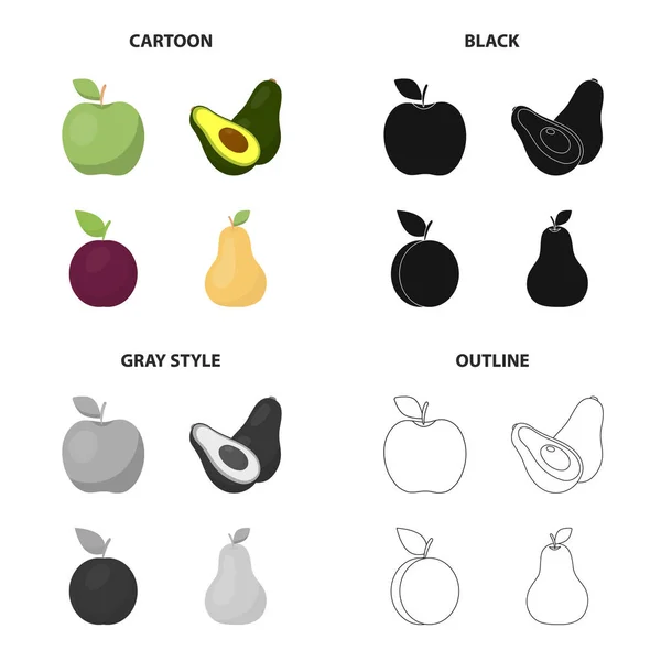 Maçã verde, abacate maduro, ameixa, pêra. Frutas conjunto coleção ícones em desenhos animados preto monocromático estilo vetor símbolo estoque ilustração web . — Vetor de Stock