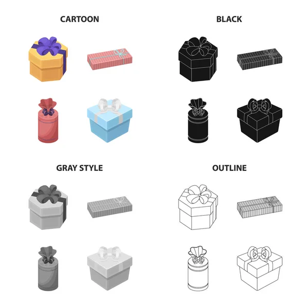 Différents types d'emballage cadeau. Ruban, arc et emballage ensemble collection icônes en dessin animé noir monochrome contour style vectoriel symbole stock isométrique illustration web . — Image vectorielle