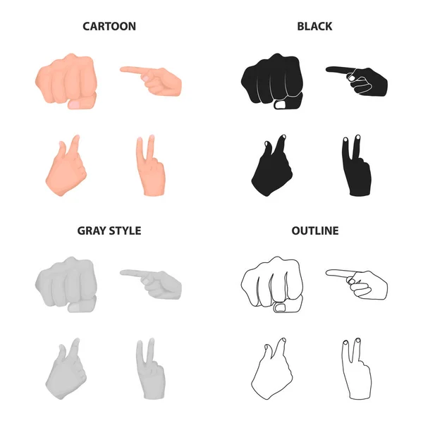 Différents gestes avec les mains, le poing, l'index. Gestures set collection icônes en dessin animé noir monochrome contour style vectoriel symbole illustration web . — Image vectorielle