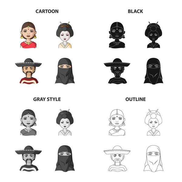 Diferente raza de indios, japoneses, mexicanos, asiáticos. La raza humana conjunto colección iconos en dibujos animados negro monocromo contorno estilo vector símbolo stock ilustración web . — Vector de stock