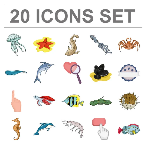 Una variedad de animales marinos iconos de dibujos animados en la colección de conjuntos para el diseño. Peces y mariscos vector símbolo stock web ilustración . — Vector de stock