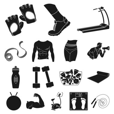 Fitness ve öznitelikleri set koleksiyonu tasarım için simgeler siyah. Fitness Ekipmanları vektör simge stok web çizim.